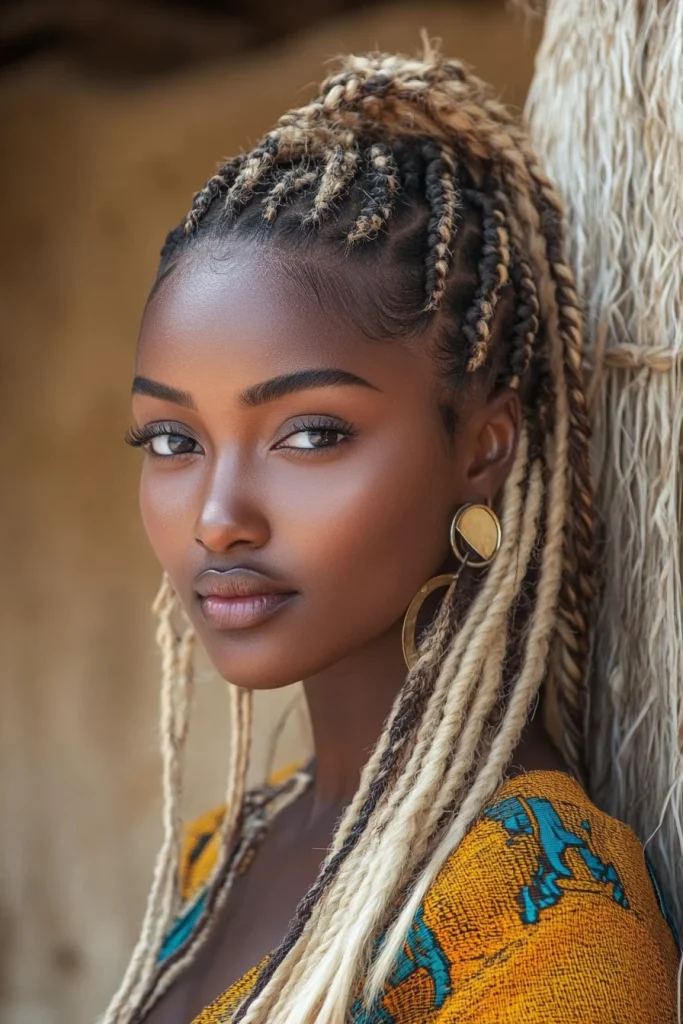 Fulani Braids with Blonde Highlights and Curls