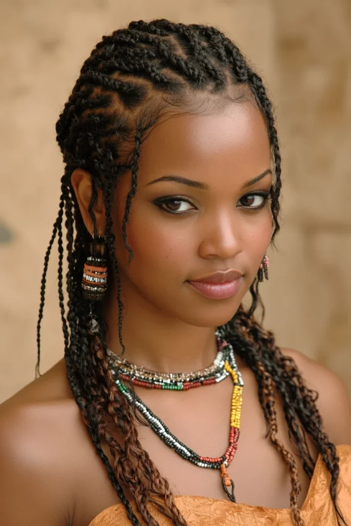 Fulani Braids with Curls and Beads